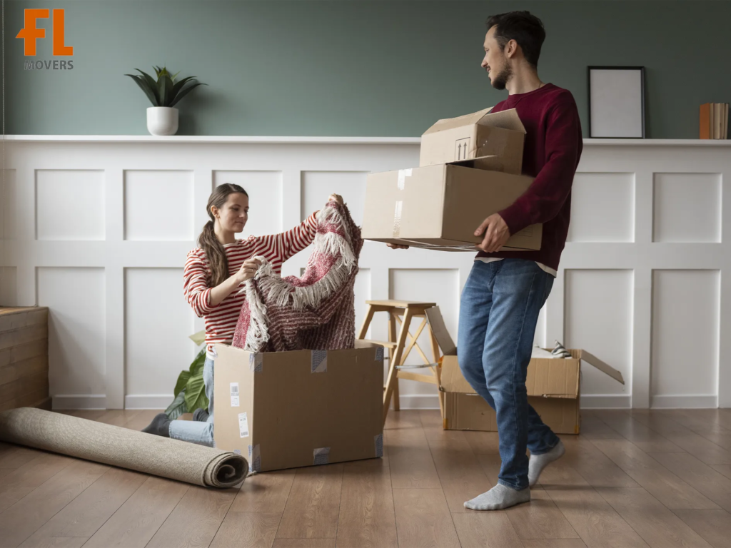 Customers Packing and Loading Boxes Preparing for Move