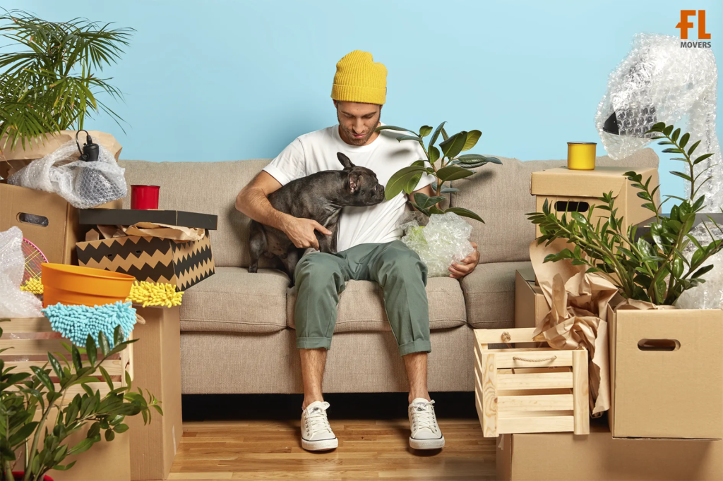Summer Pet-Friendly Moving Service Customer and Dog Packed Boxes and Prepared for Relocation