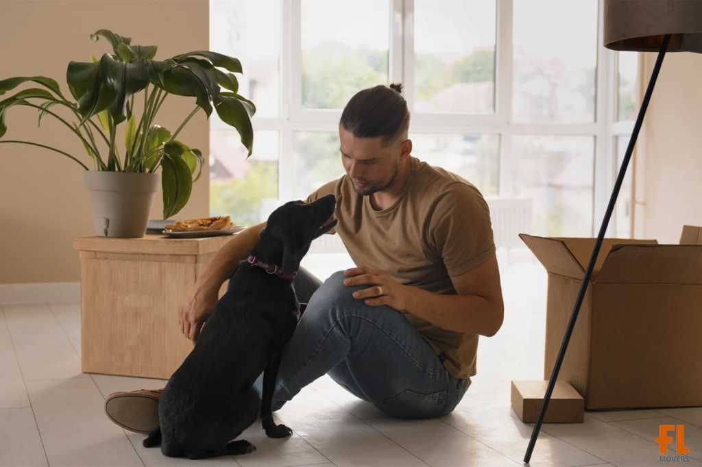 Summer Pet-Friendly Moving Service Customer and Dog Preparing for Relocation